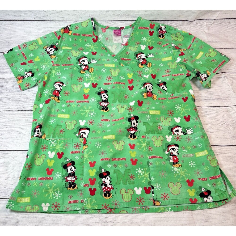 Disney Christmas Scrub Top Womens Sz M Mickey & Minnie Mouse Merry Christmas